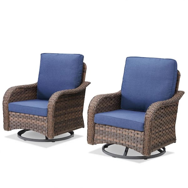 2-Piece Wicker Patio Conversation Set Outdoor Swivel Chair with Blue Cushions