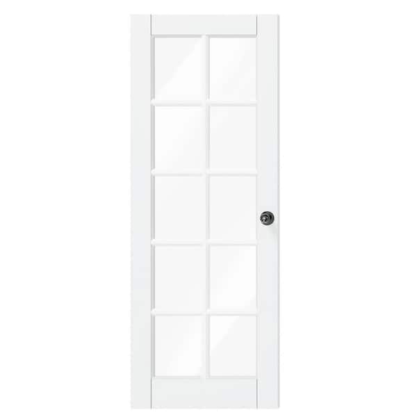 TENONER 32 in. x 80 in. Composite, MDF, 10 Lite, Clear Glass, Primed, White Interior Door Slab with Black Goal Doorknob