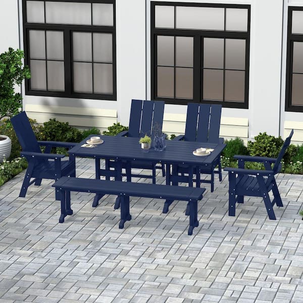 Shoreside Outdoor Patio Weather Resistant Navy Blue 6-Piece HDPE Plastic Adirondack Dining Set with Bench