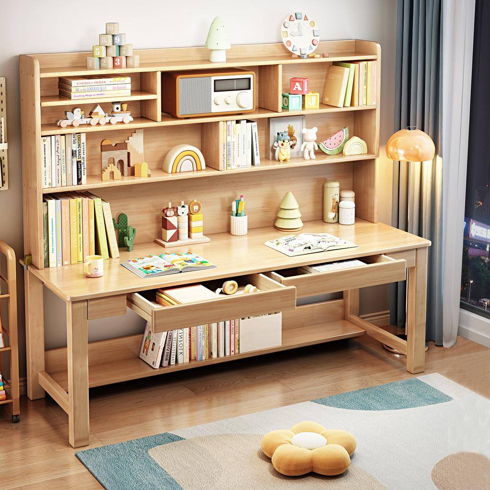 63 in. W Beige Kids Study Desk with Hutch, Wooden Writing/Computer Desk, Dual-Position Kids Desk with Drawers for Home