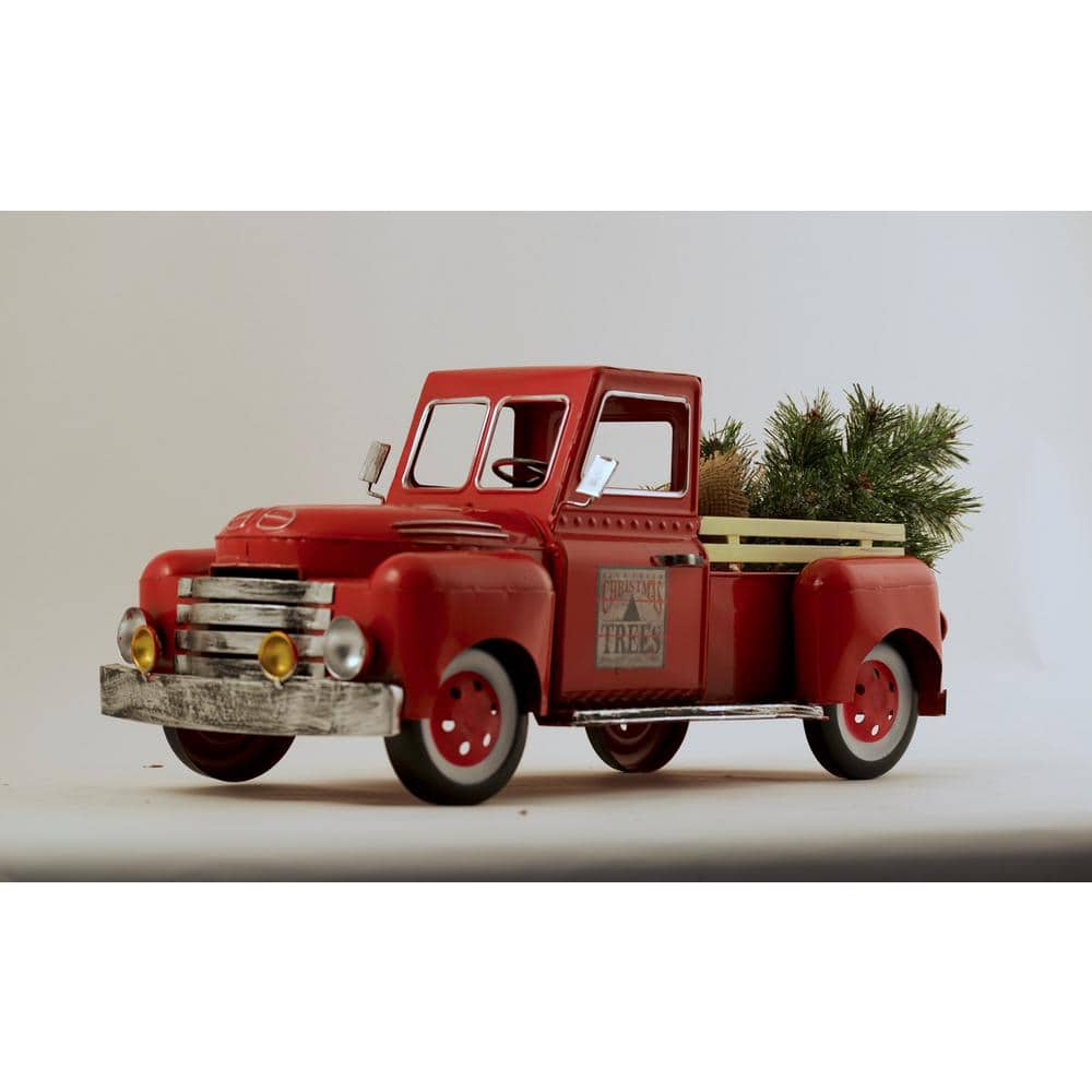18 in. Red Metal Vintage Truck Decoration with Glossy Finish