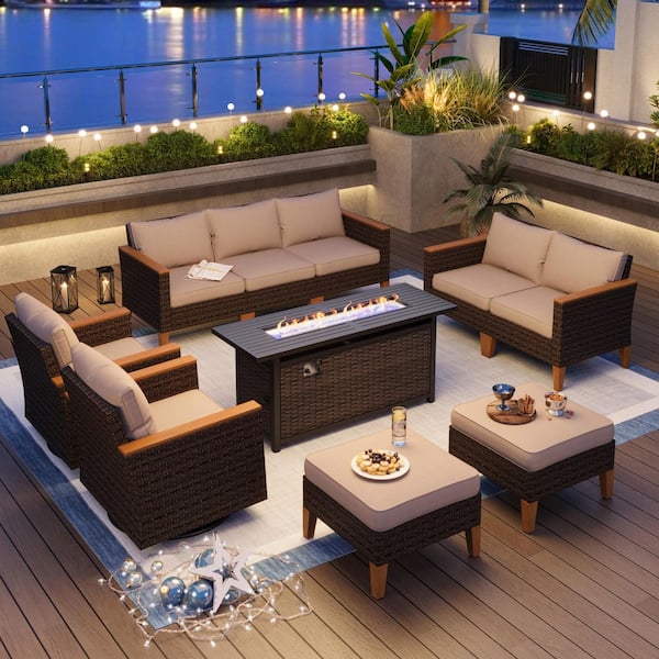 PHI VILLA Brown Rattan Wicker 9-Seat 10-Piece Steel Outdoor Fire Pit Patio Set with Beige Cushions, 2 Swivel Sofas and 2 Ottomans