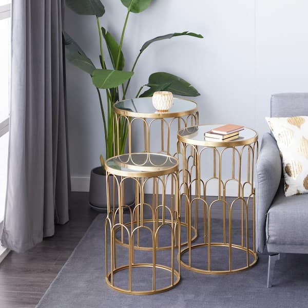 18 in. Gold Round Mirrored End Table with 3-Pieces