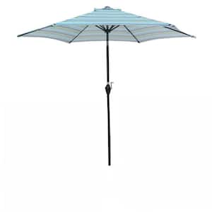 9FT Metal Patio Umbrella with Crank Handle, Outdoor Table and Market and Yard Umbrella-Blue Stripes