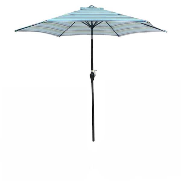 Otryad 9FT Metal Patio Umbrella with Crank Handle, Outdoor Table and Market and Yard Umbrella-Blue Stripes
