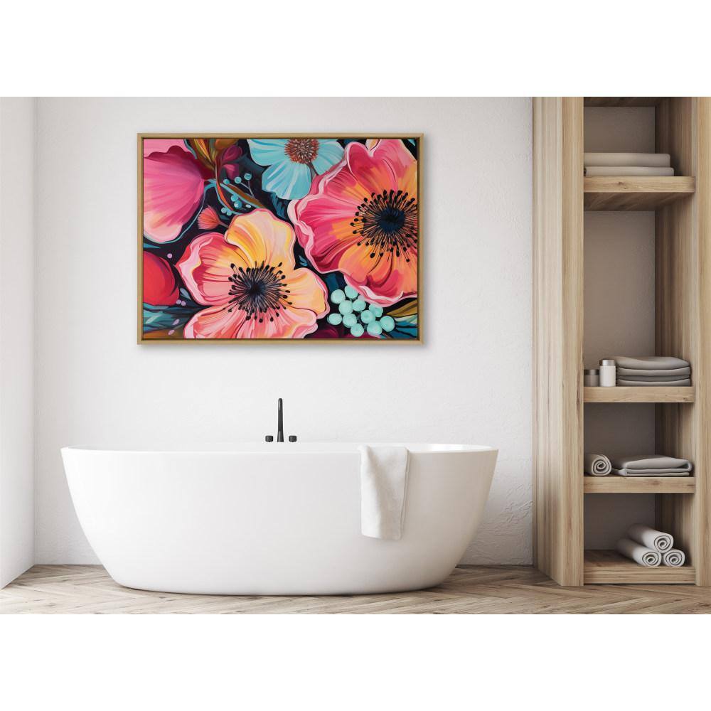 Colorful Floral Group Framed Canvas Wall Art in Natural Frame