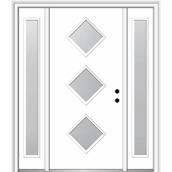 MMI DOOR Aveline 64 in. x 80 in. Left-Hand Inswing 3-Lite Frosted Glass Primed Fiberglass Prehung Front Door on 6-9/16 in. Frame