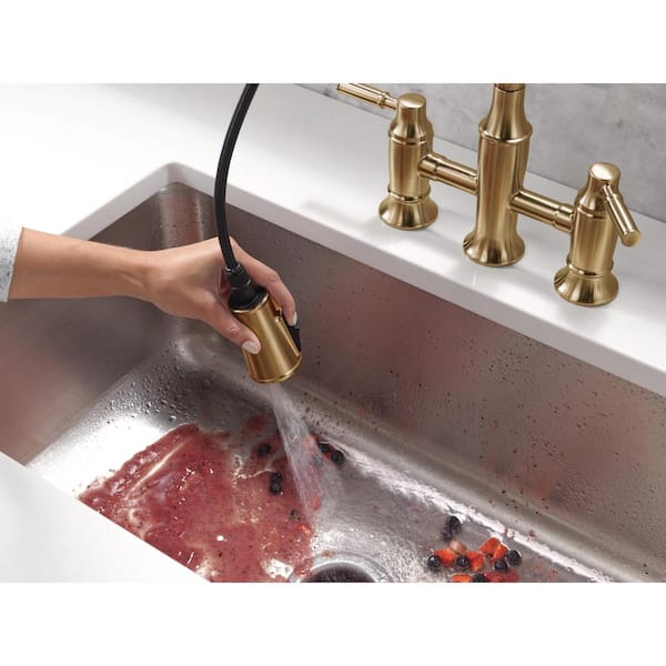 Delta Renaldi Gold Double Handle Bridge Kitchen Faucet in Lumicoat