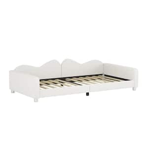 White Wood Frame Twin Size Upholstered Platform Bed with Cloud-Shaped Backrest, No Box-spring Needed