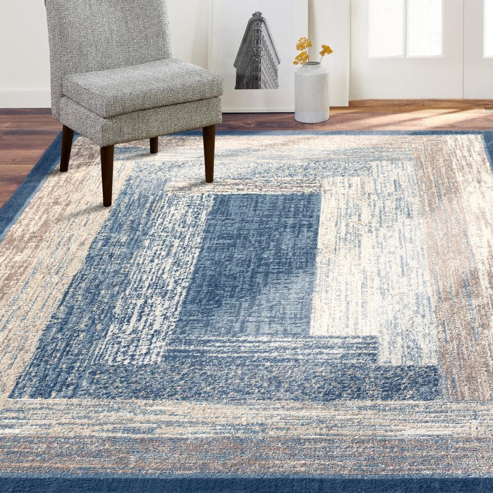 Mid-Century Modern Geometric Blue/Ivory Synthetic Area Rug, 5'2"x7'2"
