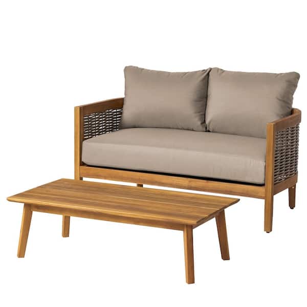 Noble House Rattler 2-Piece Wood and Wicker Patio Conversation Set with Sunbrella Canvas Taupe Cushions
