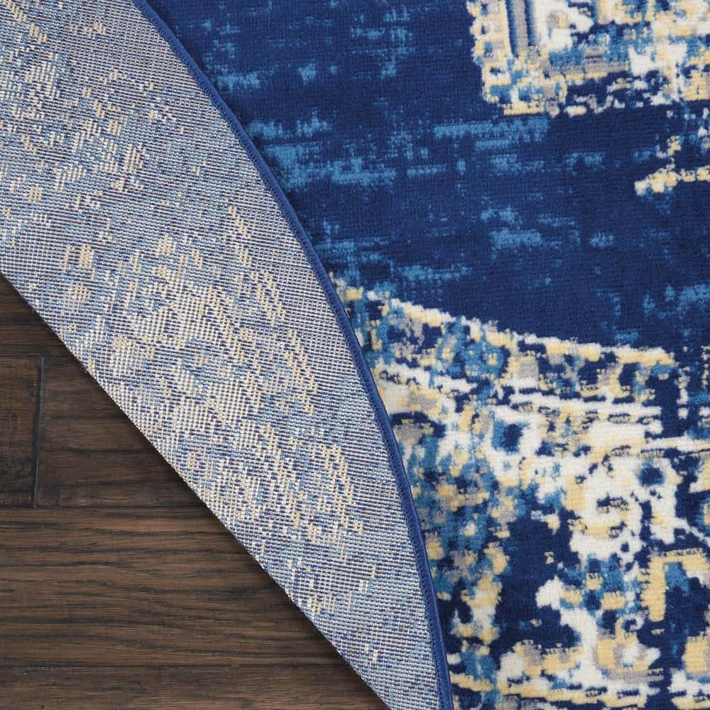 Navy Blue Medallion Round Synthetic Large Rug