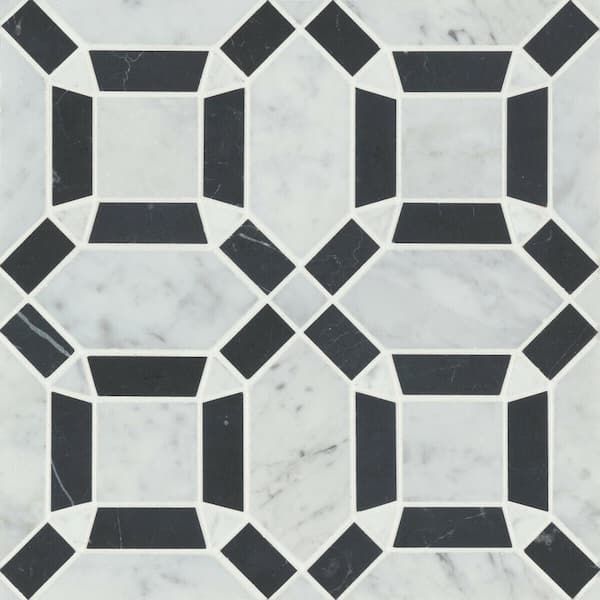Bedrosians Matisse Square 11 in. x 11 in. Honed White Carrara/Nero Marquina Marble Mosaic Tile (4.39 sq. ft./Carton)