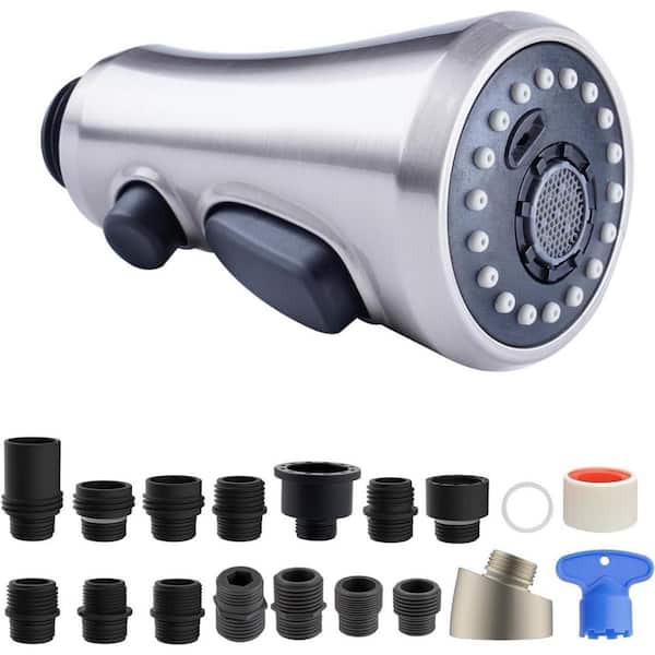 Brushed Nickel 3-Function Spray Nozzle with 15 Adapters for Sink Faucet Pull Down Spray Head Replacement