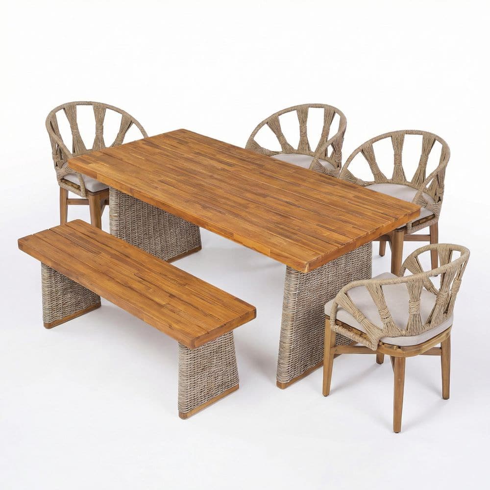 Hinto 6-Piece Rectangle Teak Solid Wood Top Outdoor Dining Table Set with Beige Cushions Seats 6 price history on PriceWatchPro