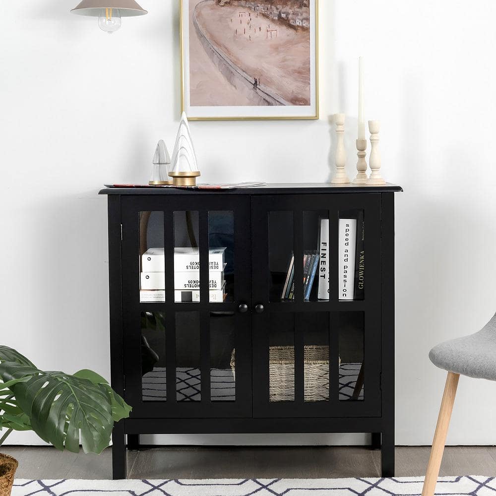 Modern Black MDF Console Table with Tempered Glass Doors