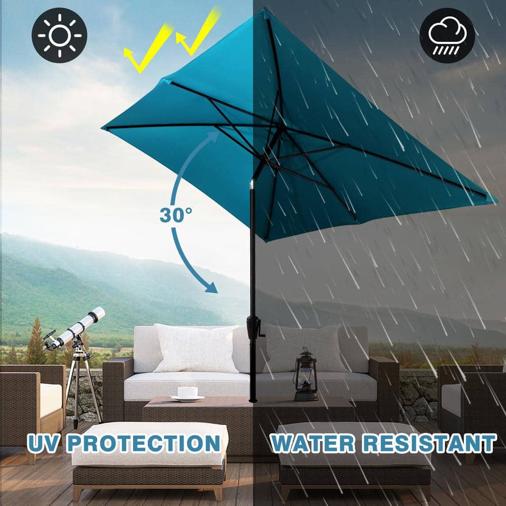 Teal Rectangular Steel Patio Umbrella with Tilt and Crank Lift