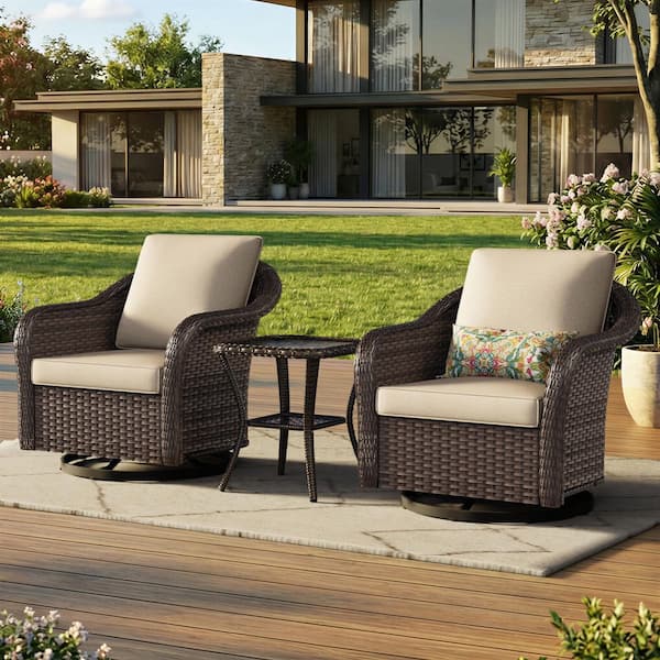 3-Piece Wicker Swivel Glider Patio Conversation Set with Beige Cushions