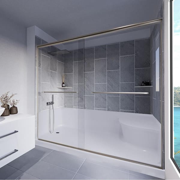 Slate Grey-Rainier 60 in. W. x 32 in. x 83 in. Base/Wall/Door Seated Base Alcove Shower Stall/Kit Brushed Nickel Left