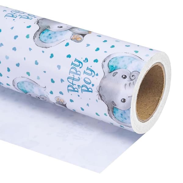 17 in. x 33 ft. Baby Boy Wrapping Paper Blue Elephant Design for Shower Party Holiday High-Quality Mini Roll