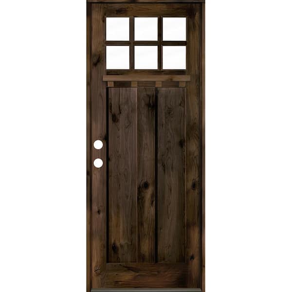 Krosswood Doors 42 in. x 96 in. Craftsman Alder Right Hand 6-Lite Clear Glass Black Stain Wood Prehung Front Door with Dentil Shelf