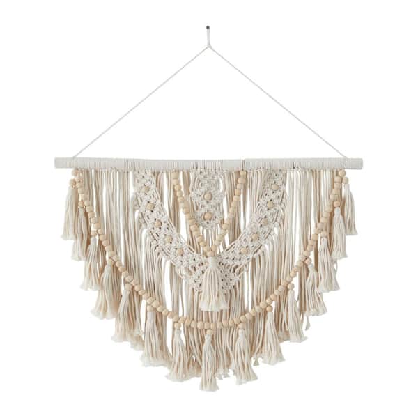 Litton Lane 28 in. x  32 in. Cotton Fabric White Handmade Intricately Weaved Macrame Wall Decor with Beaded Fringe Tassels