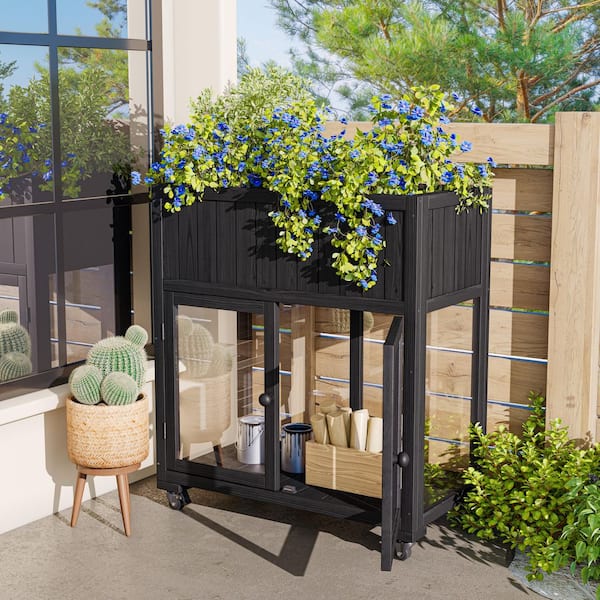35.4 in. W x 17.7 in. D x 37.4 in. H Mini Wood Black Greenhouse with Wheels