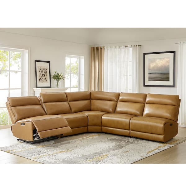 Romano 108 in. Genuine Leather Power Reclining Corner Sectional Sofa in Camel with USB and Type-C
