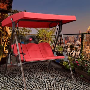 3-Person Steel Metal Patio Swing with Foldable Side Table,Canopy and Cushions, Terra