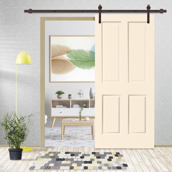 CALHOME 30 in. x 80 in. Beige Stained Composite MDF 4 Panel Interior Sliding Barn Door with Hardware Kit