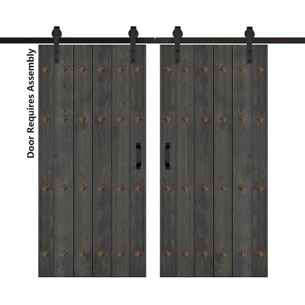 ISLIFE Mid-Century New Style 76 in. x 84 in. Carbon Gray Finished Solid Wood Double Sliding Barn Door with Hardware Kit