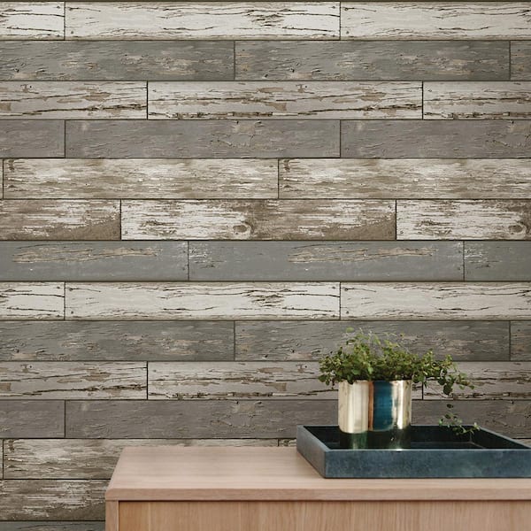 Beige Brown Scrap Wood Vinyl Matte Peel and Stick Wallpaper Sample