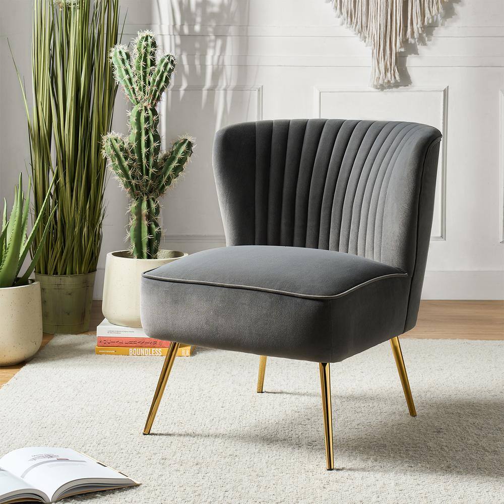 Gray Velvet Slipper Accent Chair with Gold Legs