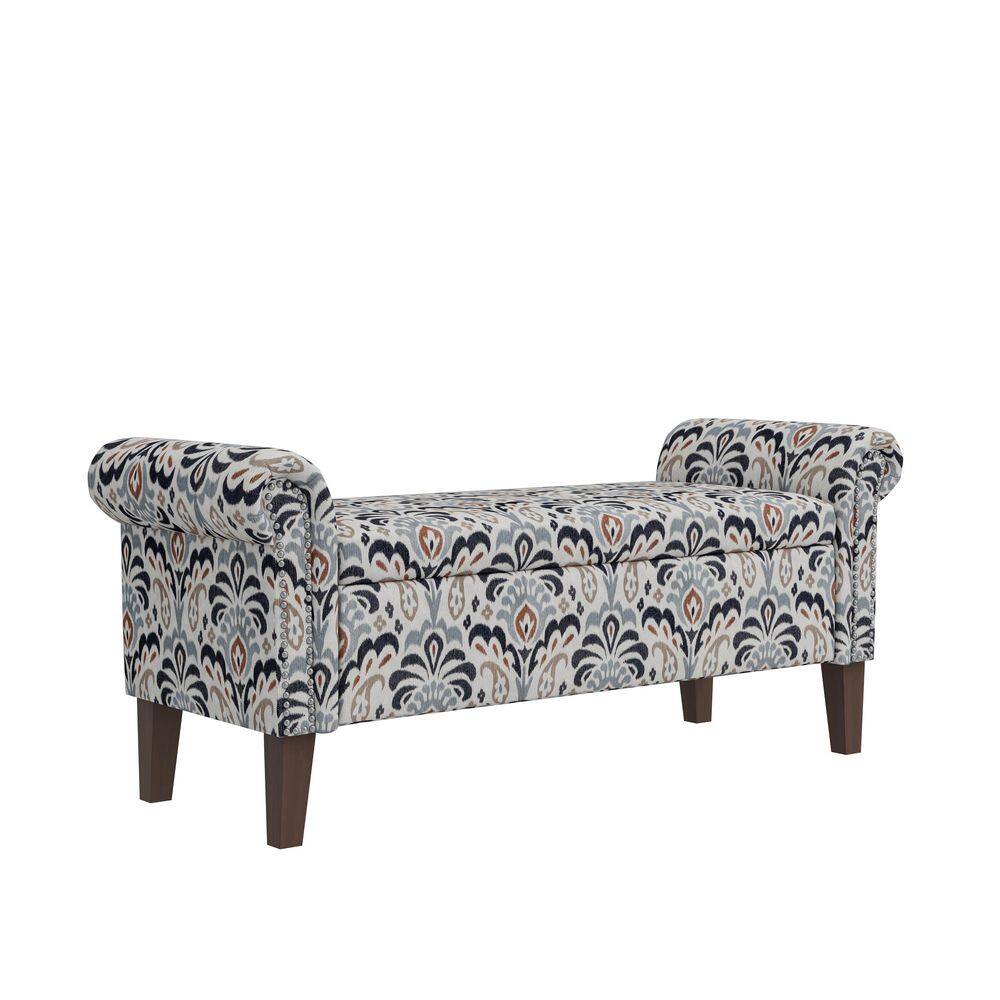 Upholstered storage bench with rolled arms and nailhead trim on a plain background.