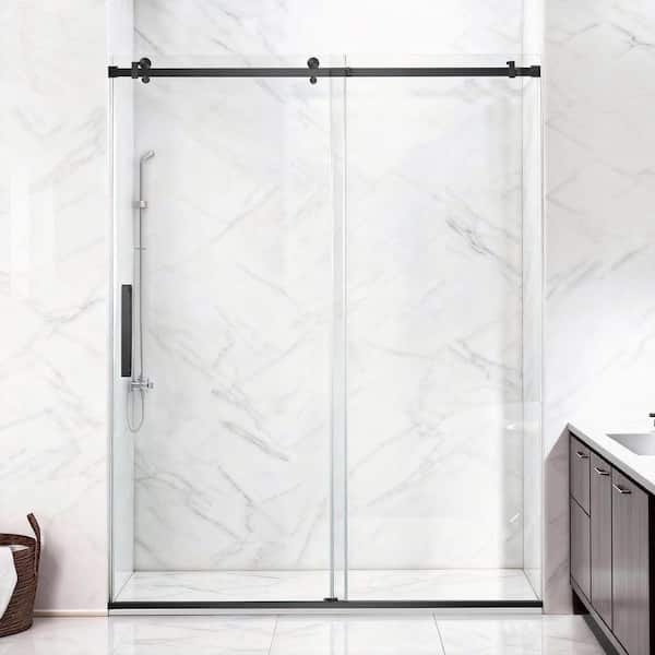 56 to 60 in. W x 76 in. H Single Sliding Frameless Shower Door in Matte Black with 5/16 in. Tempered Clear Glass