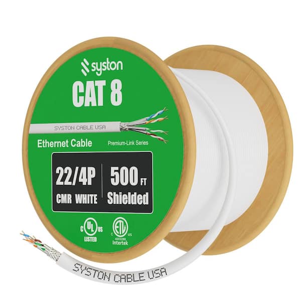 500 ft. White Cat 8 CMR 22 AWG Ethernet Bulk Raw Data Cable - 2000MHz Solid Bare Copper Tinned Copper Braid Shielding