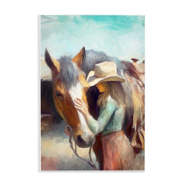 Cowgirl Petting Horse by Ramona Murdock Unframed Graphic Art Print People 19 in. x 13 in.