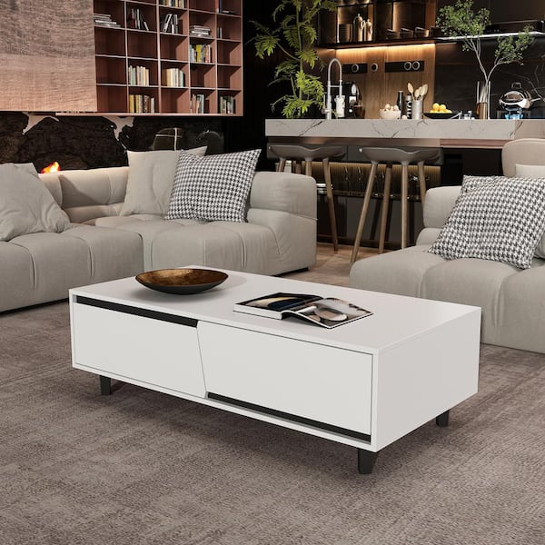FUFU&GAGA 47.2 in. Length White Rectangle Wooden Coffee Table, Meeting Table, End Table with 4 Drawers