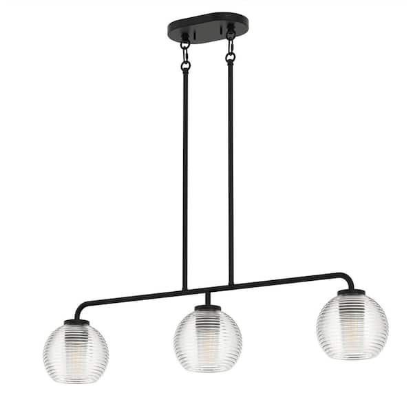 YANSUN 32 in. Modern 3-Light Indoor Island Pendant Light, Black with Glass Shade for Bar, Dining Room, and Kitchen Island