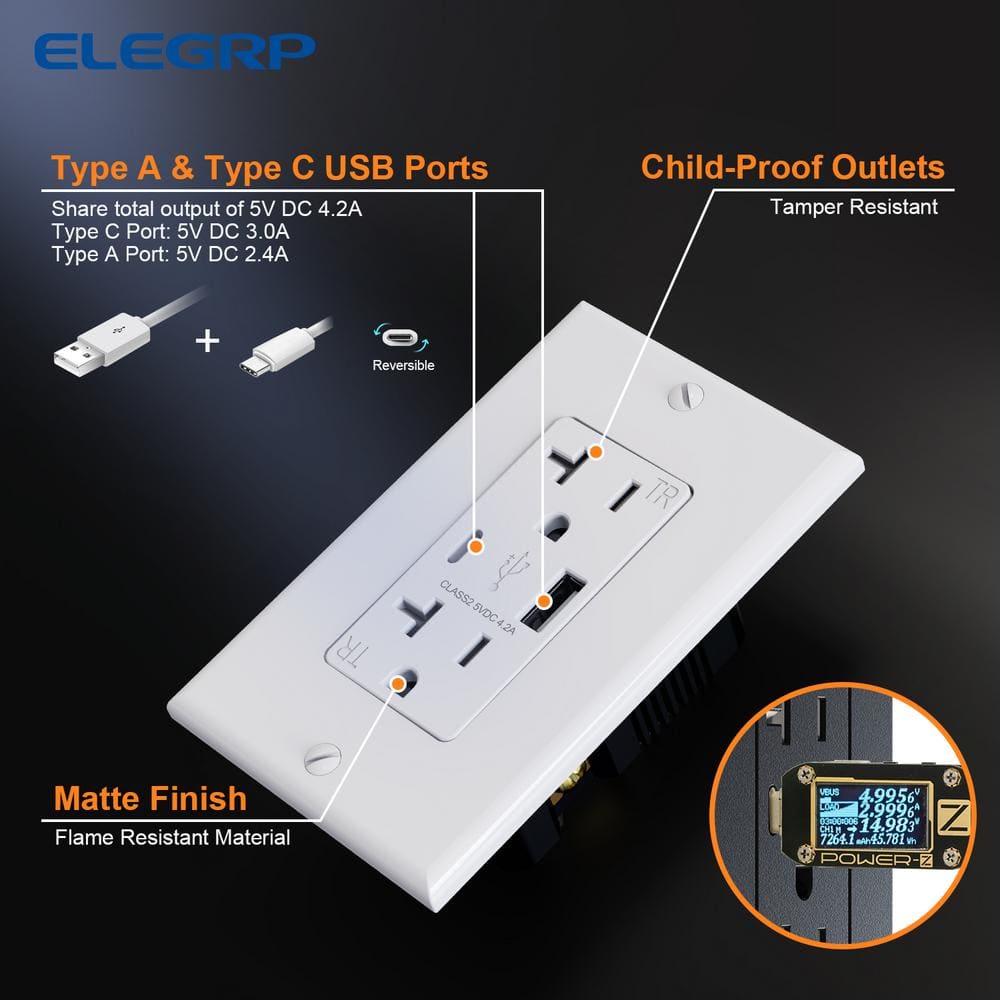 Black and White 21W USB Wall Outlet with Type A and Type C Ports, 6 Pack