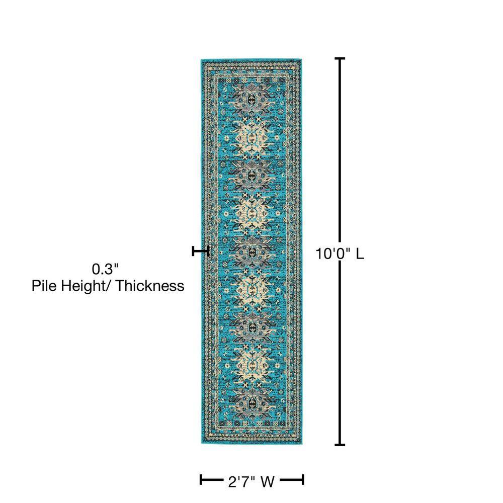 Turquoise and Black Synthetic Runner Rug with Tribal Design