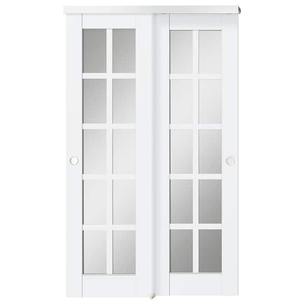 TENONER 48 in. x 80 in. (Double 24 in.) 10-Lite White No Bore Mirrored Glass Pine Wood Interior Door Slab with Bypass Hardware