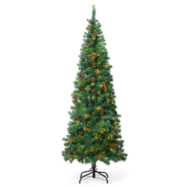 6 ft. Pre-Lit LED Slim Pencil Tree Artificial Christmas Tree with 250 Lights with Pinecones, Berries and Foldable Stand