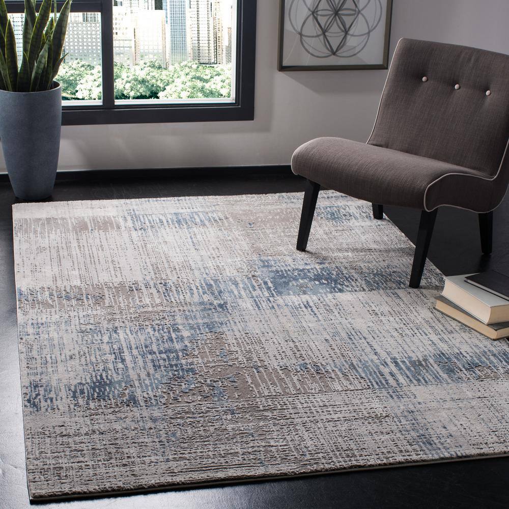 Gray and Blue Abstract Washable Rectangular Area Rug
