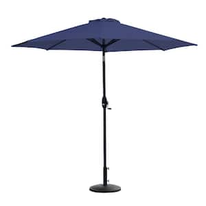 Sunshadow 9 ft. Market Tilt and Crank Table Patio Umbrella with Round Resin Base in Navy Blue