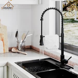 Single-Handle Spring Pull Down Sprayer Kitchen Faucet in Matte Black with Dual Function Sprayhead and Deckplate