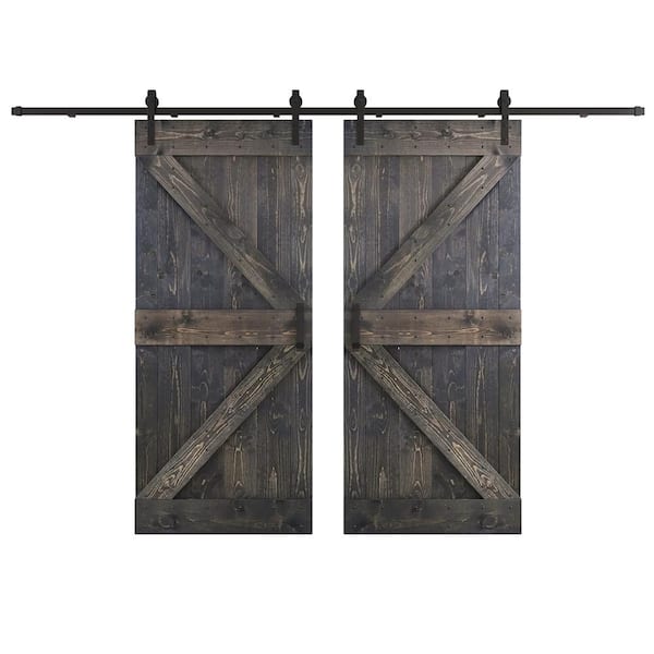 COAST SEQUOIA INC K Series 76 in. x 84 in. Carbon Gray DIY Knotty Wood Double Sliding Barn Door with Hardware Kit