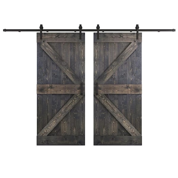 K Series 76 in. x 84 in. Carbon Gray DIY Knotty Wood Double Sliding Barn Door with Hardware Kit