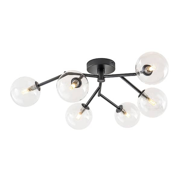 Y'INSP 28.74 in. 6-Light Black Mid-Century Modern Branch Bubble Globe Semi-Flush Mount Chandelier with Clear Glass Shade