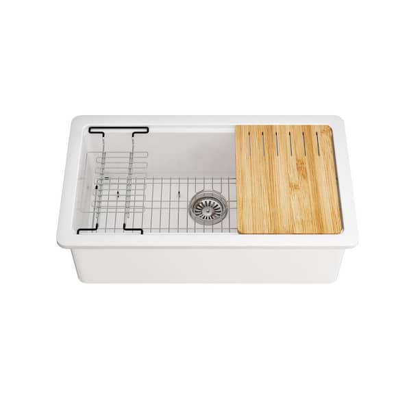 32.68 in. L Drop-In/Topmount Single Bowl Fireclay Kitchen Sink in White with Bottom Grid and Rolling Drying Rack